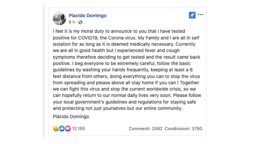 Il post di Placido Domingo su Facebook
