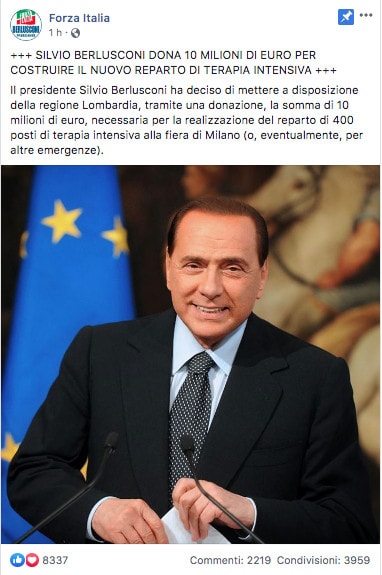 post Facebook di Forza Italia