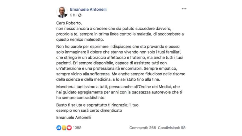 il post Facebook di Emanuele Antonelli