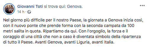 Post di Giovanni Toti su Facebook