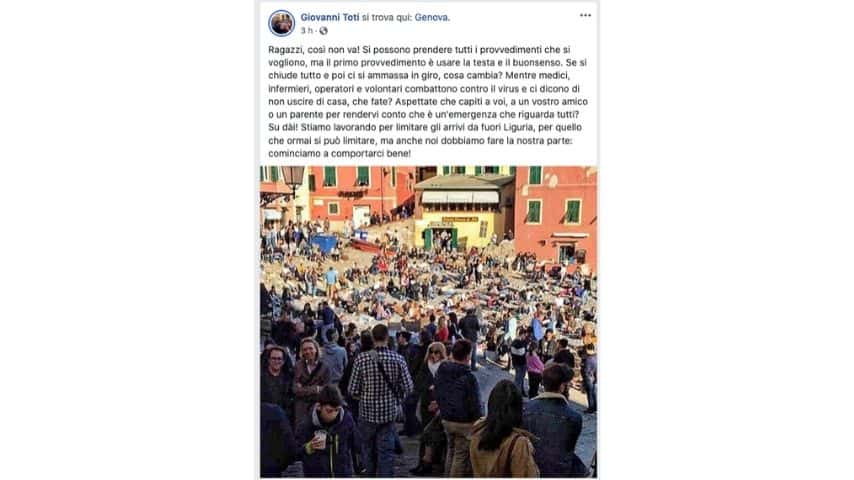 il post su Facebook del governatore Toti