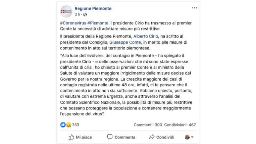 Il post della Regione Piemonte