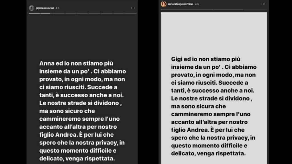 storie instagram pubblicate da Gigi d'Alessio e Anna Tatangelo