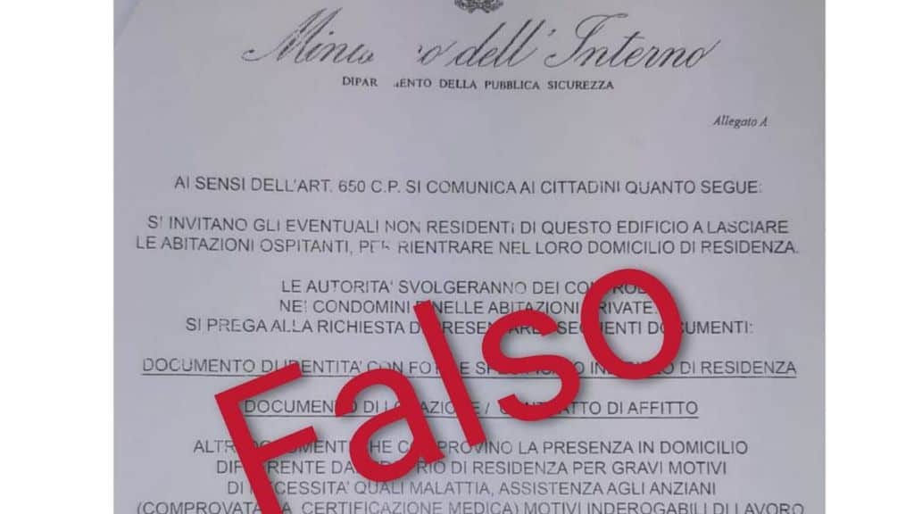 Una nuova truffa al tempo del Coronavirus. Un volantino falso intestato al Ministero dell’Interno che invita a lasciare le proprie case. Segnalazioni da Torino a Napoli (Foto Twitter)