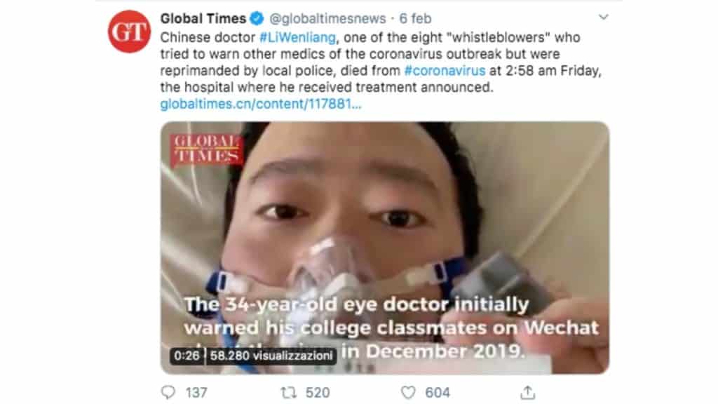 il tweet del global times che annuncia la morte del medico Li Wenliang