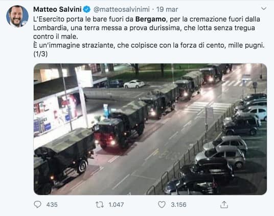 Tweet di Salvini sull'esercito che trasporta bare