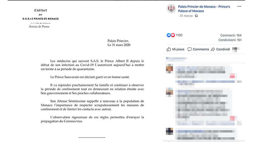 Comunicato del Principato di Monaco su Facebook