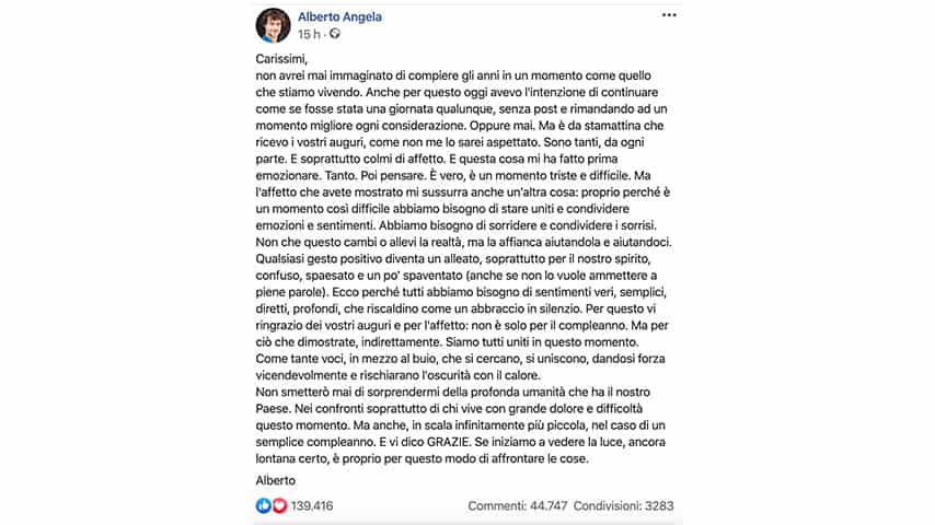 Post di Alberto Angela su Facebook