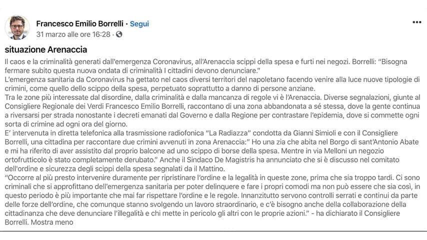 Post di Francesco Emilio Borrelli su Facebook