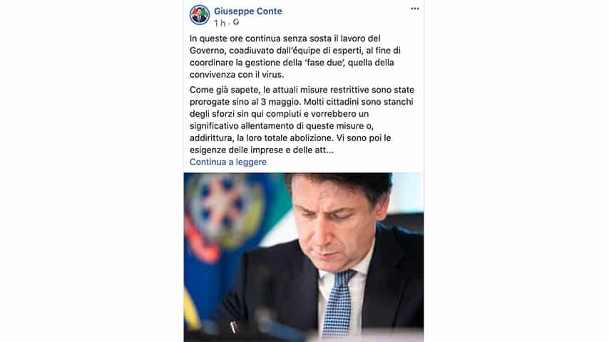 Post di Giuseppe Conte su Facebook per riaperture in Italia