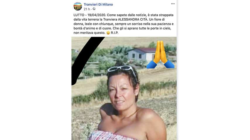 Post di Tranvieri di Milano su Facebook per la morte di Alessandra Cità