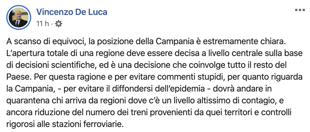 Post su Facebook di Vincenzo De Luca