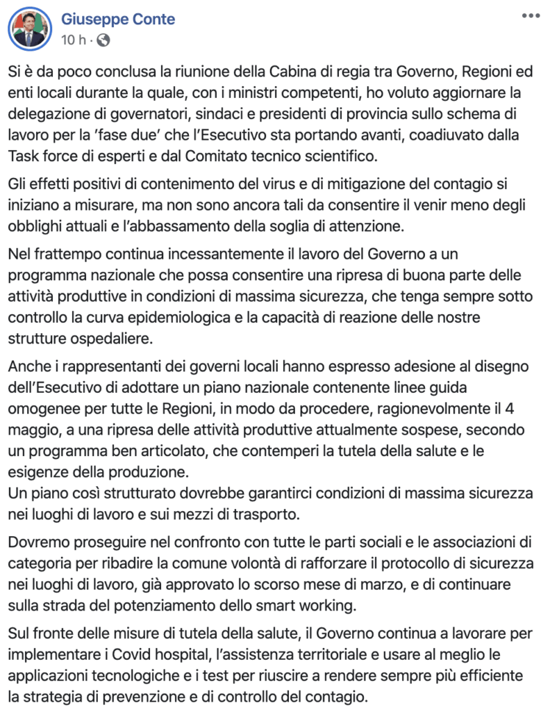 Il post del presidente Giuseppe Conte