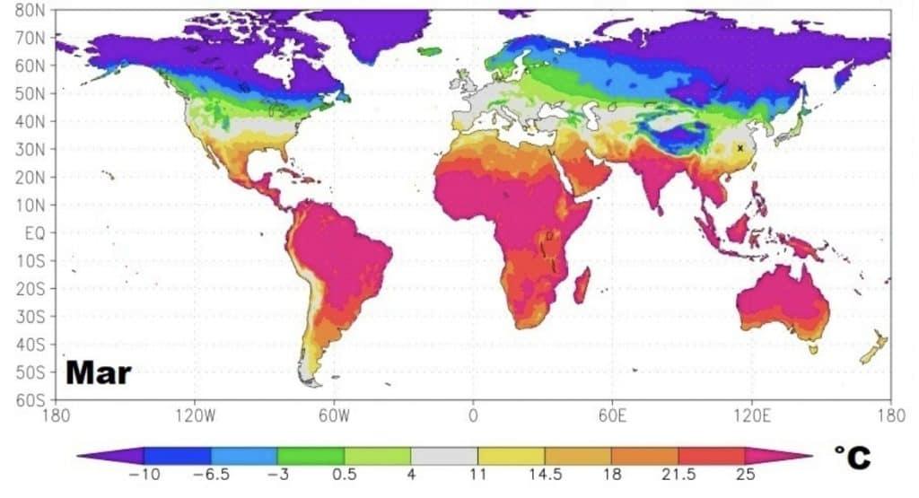 cartina isotermica che mostra il clima nelle varie regioni a marzo