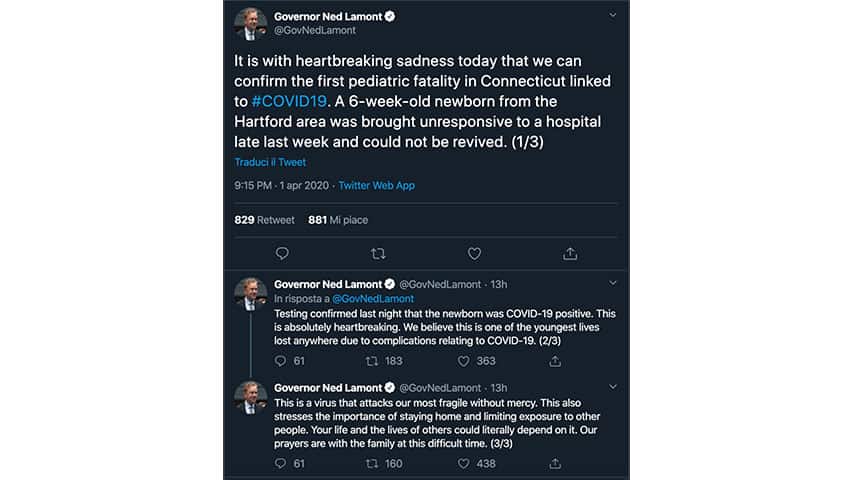 Tweet del governatore Ned Lamont