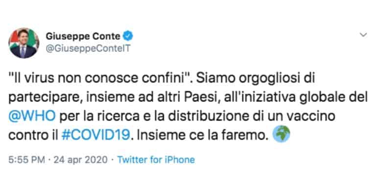 Tweet di Giuseppe Conte all'Oms