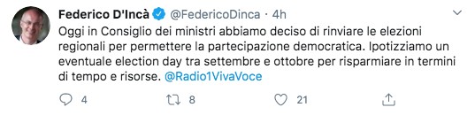 Tweet del Ministro D'Incà