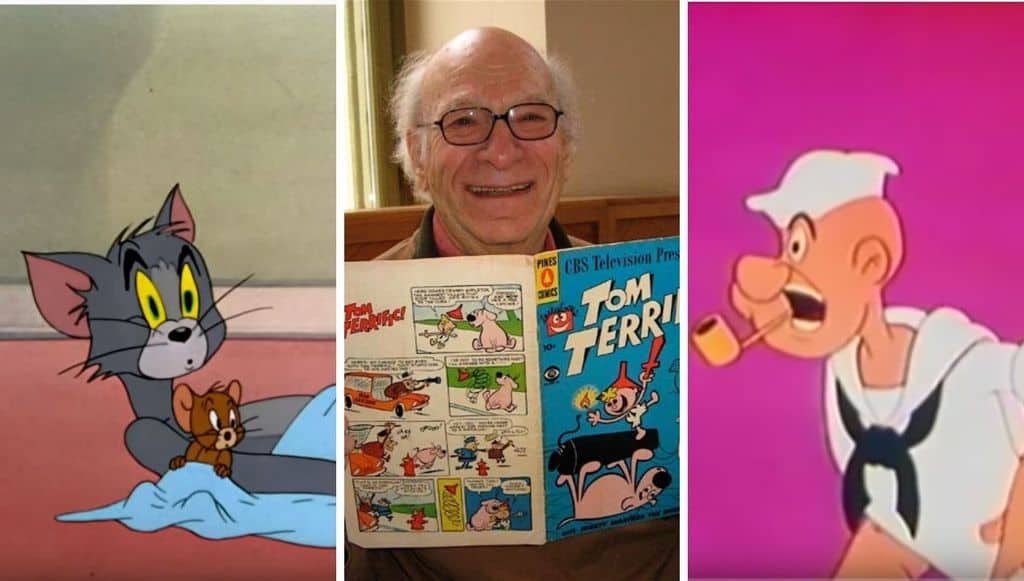 Gene Deitch al centro insieme alle sue creazioni, Tom e Jerry e Popeye