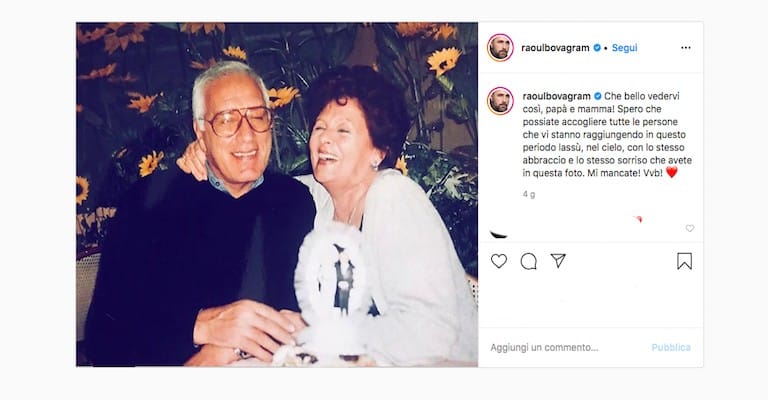 Foto Instagram che ritrae i genitori di Raoul Bova sorridenti e felici con un messaggio di ricordo del figlio