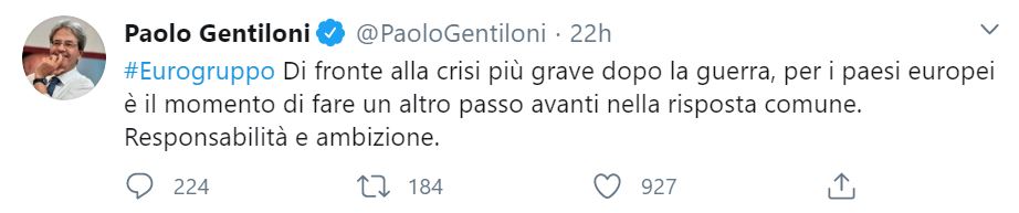 Paolo Gentiloni, il suo messaggio su Twitter