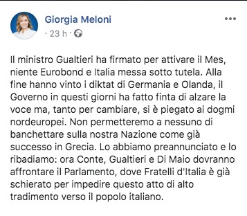 Post di Giorgia Meloni sul Mes