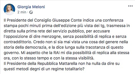 Post di Giorgia Meloni su Facebook