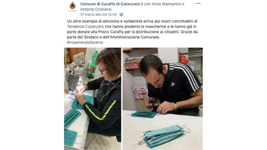 La foto di altri 2 professionisti del settore tessile intenti a cucire mascherine pubblicata sulla pagina Facebook del comune di Caraffa di Catanzaro