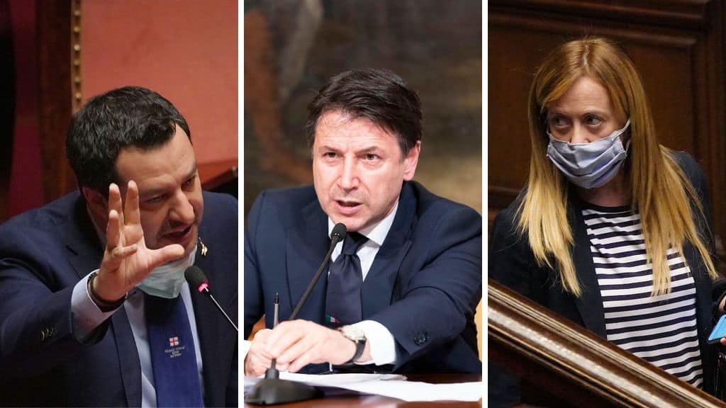 Matteo Salvini, Giuseppe Conte e Giorgia Meloni in primo piano