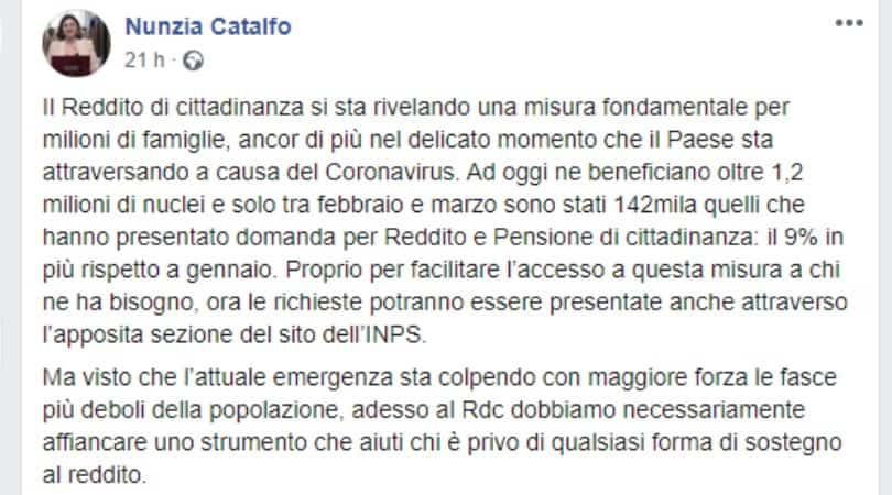 Post pubblicato su Facebook dal Ministro Catalfo in merito all'aumento dell'indennizzo per partite Iva, autonomi e stagionali.