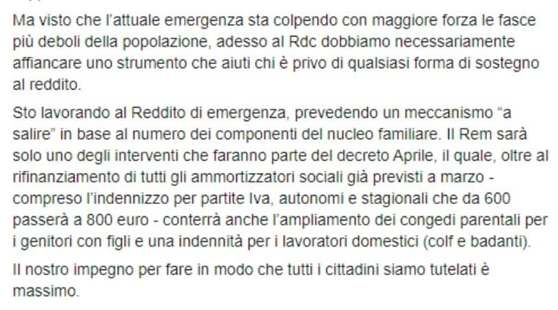 Post pubblicato su Facebook dal Ministro Catalfo sull'introduzione del reddito di emergenza.
