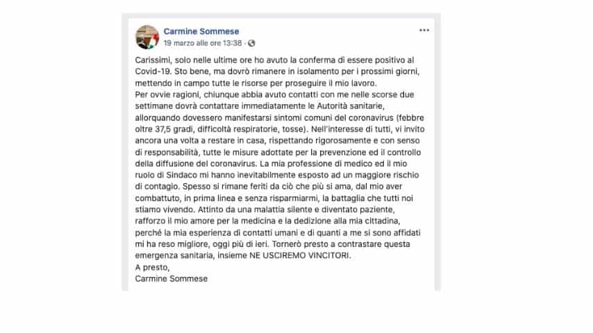 Il post in cui il sindaco di Saviano ha annunciato di aver contratto il virus