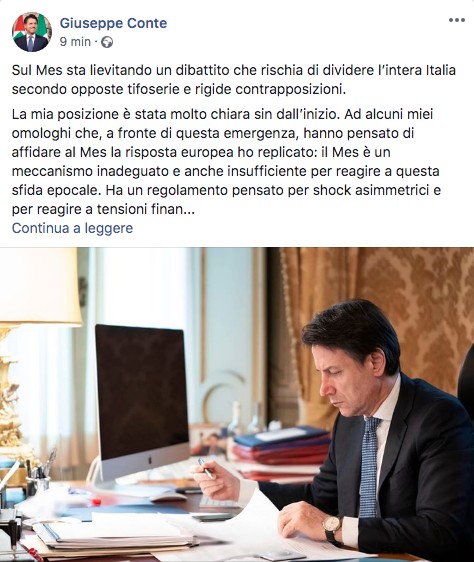 Post Facebook di Giuseppe Conte