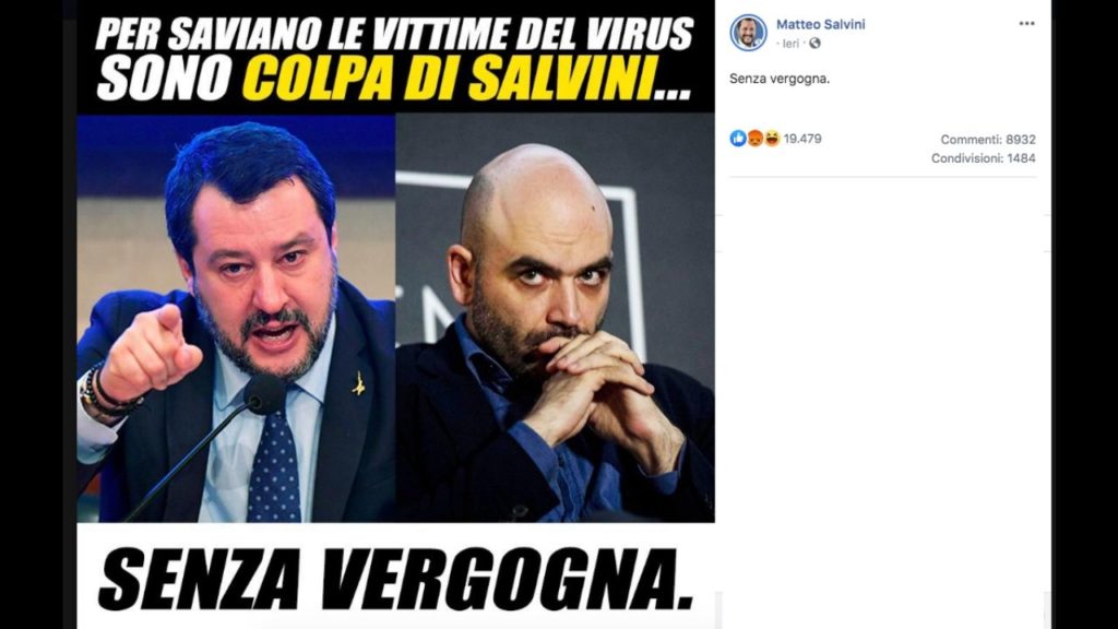 Il post Facebook pubblicato da Matteo Salvini contro Roberto Saviano