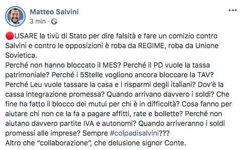 Post di Matteo Salvini su Facebook