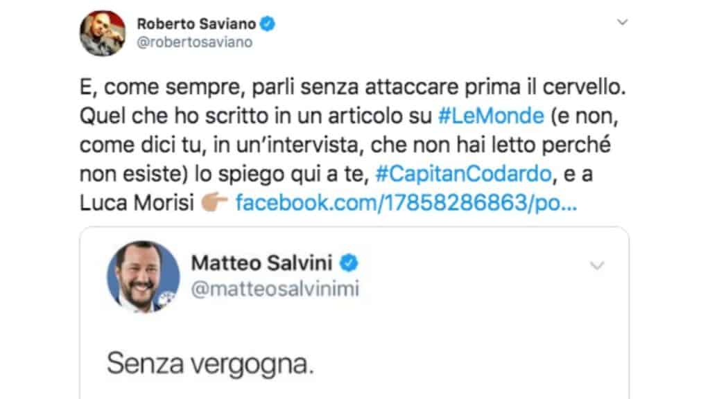 Roberto Saviano su Twitter contro Matteo Salvini