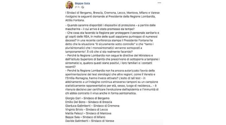 Post del sindaco di Milano Beppe Sala