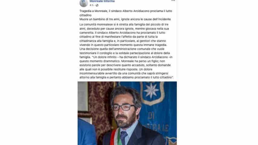 Il commento del sindaco di Monreale sulla pagina Facebook Monreale informa