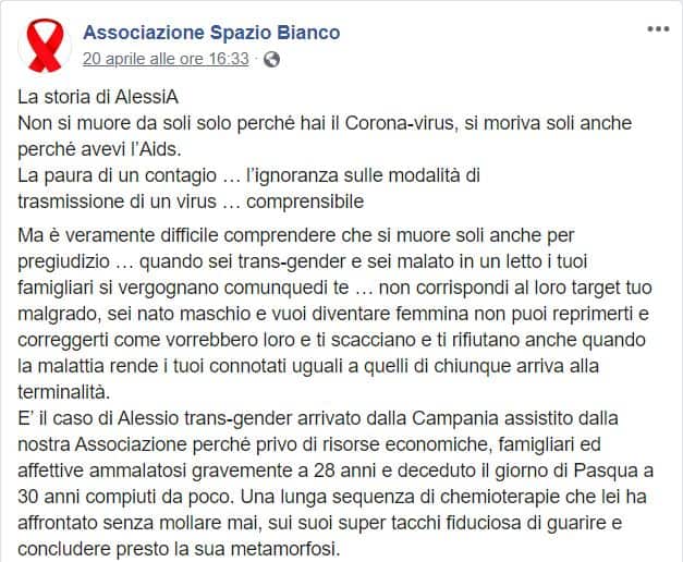 Il post dell'Associazione Spazio Bianco su Fb