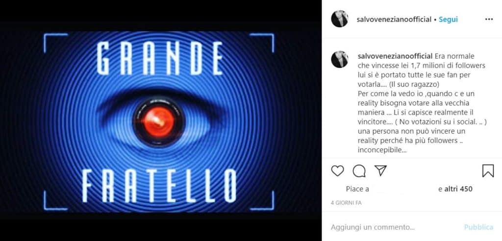 il post di Instagram scritto da Salvo Veneziano