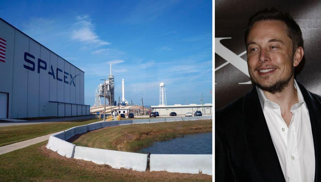 A destra la base di Space x e a sinistra Elon Musk