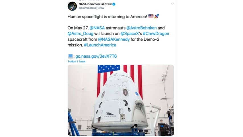 Il tweet della Nasa sul lancio del progetto Space X