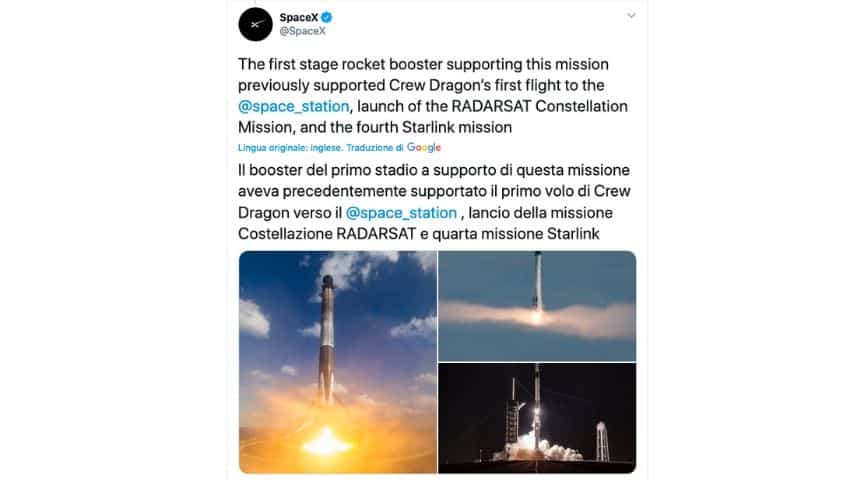 Il razzo e la missione Space Station nel tweet di Space X