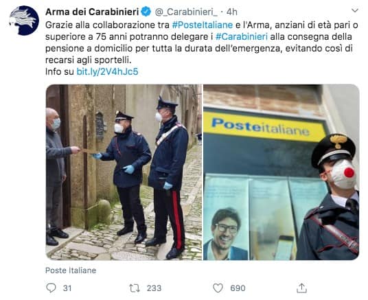 Tweet dell'Arma dei Carabinieri