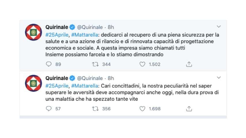 I tweet del Presidente della Repubblica Mattarella sul profilo del Quirinale