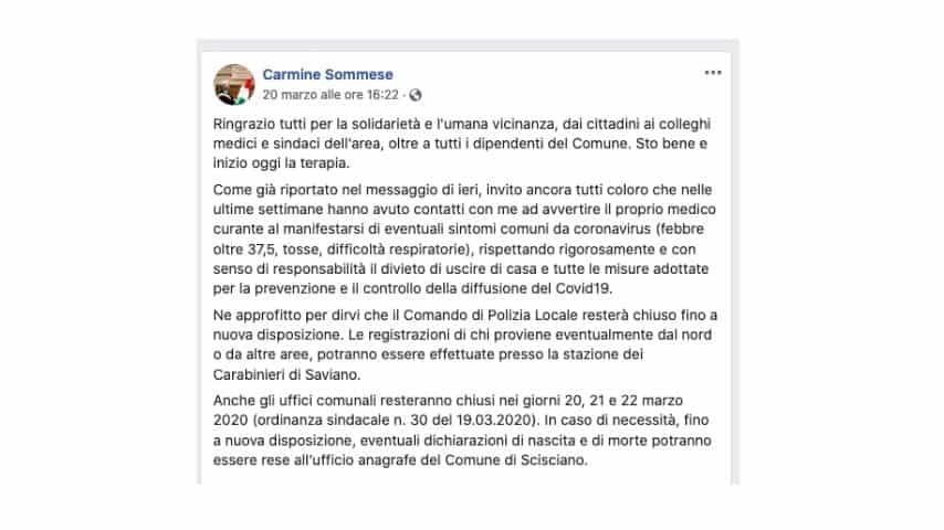 l'ultimo post pubblicato dal sindaco Carmine Sommese