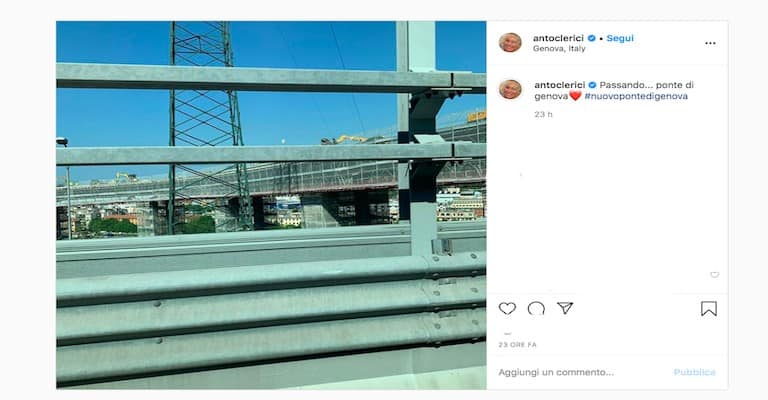 Foto di un dettaglio del ponte di Genova nuovo dal profilo Instagram di Antonella Clerici 