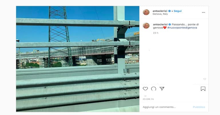 Foto di un dettaglio del ponte di Genova nuovo dal profilo Instagram di Antonella Clerici