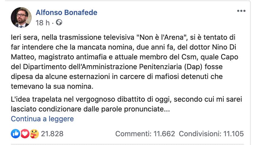 Post di Alfonso Bonafede su Facebook