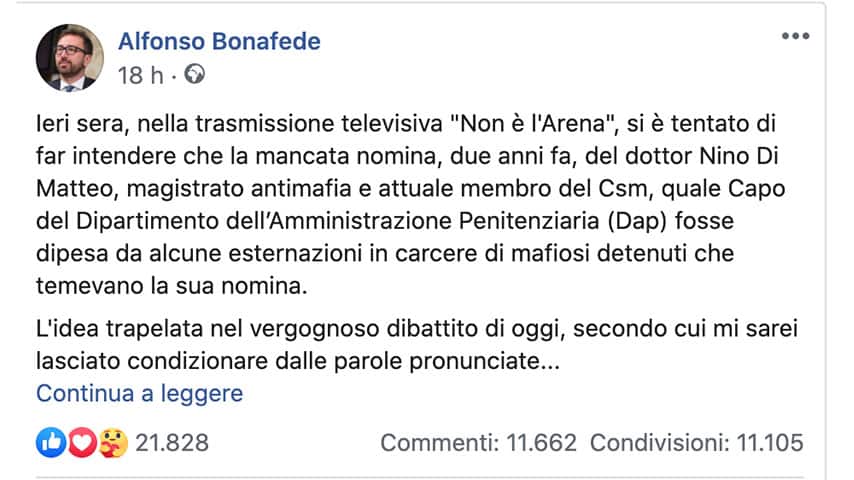 Post di Alfonso Bonafede su Facebook