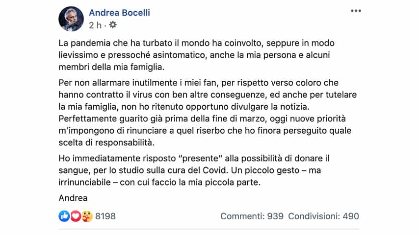 Post di Andrea Bocelli su Facebook